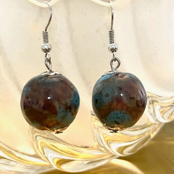 Turquoise & Brown Ceramic Fibre Handmade Necklace Choker Earrings Set 18" NWOT - Picture 5 of 5